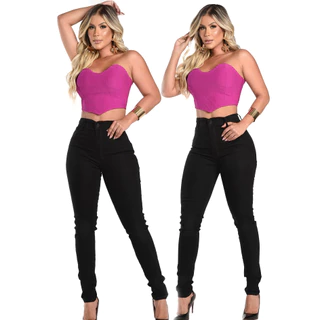 Kit 2 Calça Jeans Feminina Preta Skinny Com Lycra Cintura Alta Levanta Bumbum Blogueira Premiun
