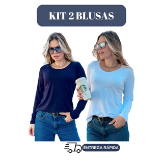 Kit 2 Blusas Feminina Manga Longa Gola V T-Shirt
