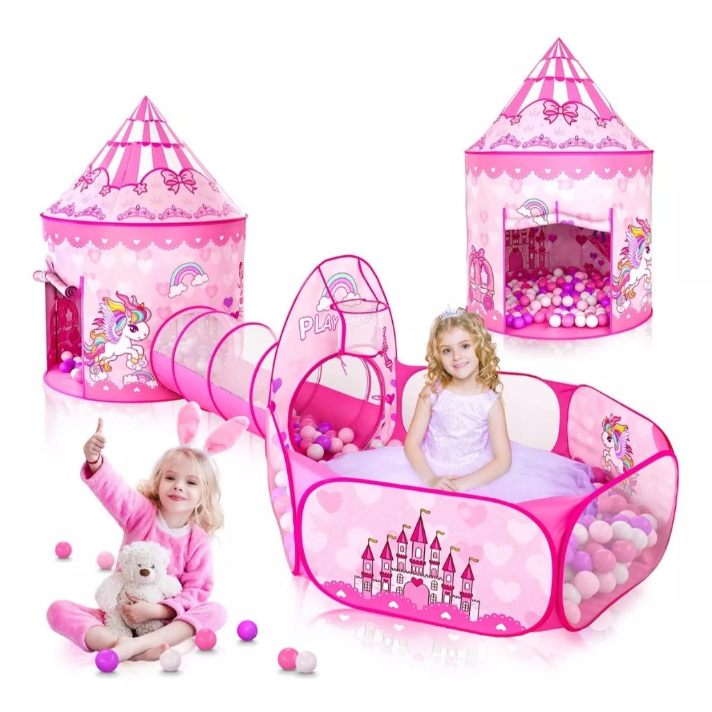 Linda Barraca Infantil Toca Túnel 3 Em 1 Rosa Cesta Basquete