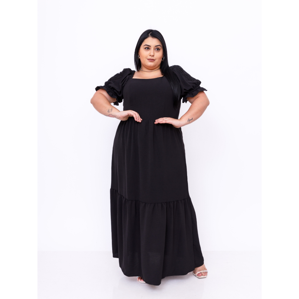 Vestido Longo plus size duna liso bordado manga curto 40022