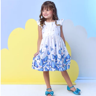 Vestido Infantil Borboleta Azul e Branco