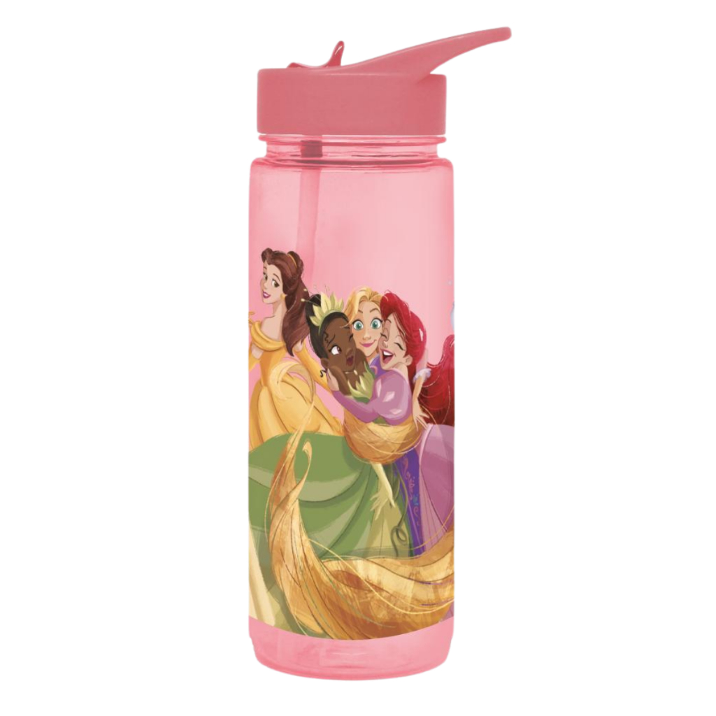 Garrafa Princesas com Tampa e Canudo 650ml Infantil Criança Escola Passeio