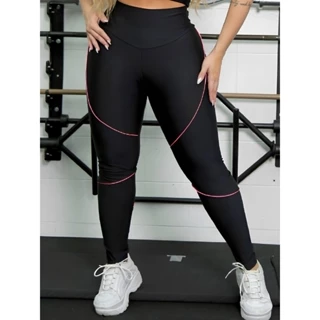 Calça Legging Esportivo Feminino Preto Listra Cintura Alta Academia