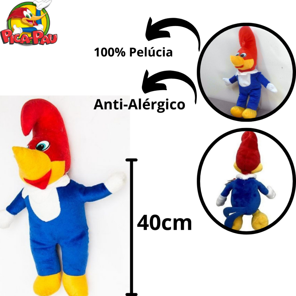 Boneco de Pelúcia Pica Pau 40cm Grande Wood Pecker 100% Pelúcia  Anti-Alérgico Brinquedo