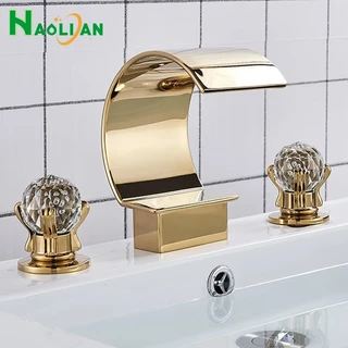 Kit Torneira Banheiro Dourada Torneira Cascata Lavatório Metal Com Duplo Alças Água Quente E Fria