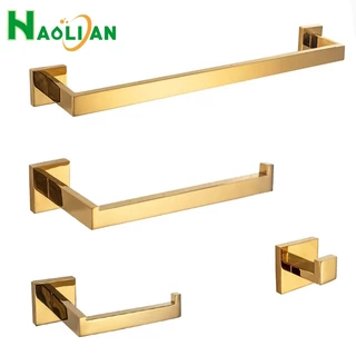 Kit Acessórios Banheiro Dourado Inox Conjunto Quadrado 4 Peças Dourado Polido