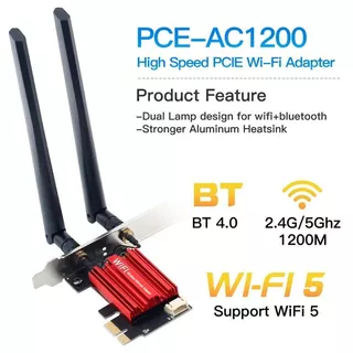 Placa de rede adaptador sem fio PCI-E, Wi-Fi 5, AC1200, banda dupla, 2.4G, 5GHz, 802.11AC, Bluetooth 4.0, desktop, laptop, Windows 10