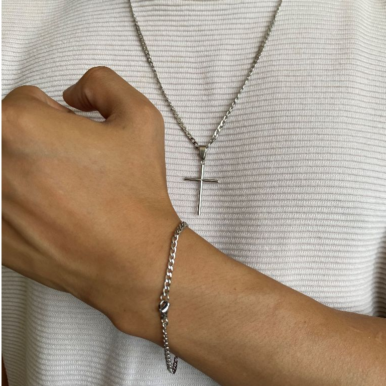 Corrente Colar 60CM 70CM + Pulseira Masculina Banhada a Aço Inoxidável Pingente Cruz Palito