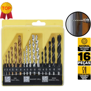 Jogo kit De Brocas 16 Peças C/ Estojo Madeira Ferro Concreto Aço Metal Para Furadeira Parafusadeira