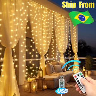 3*3M 300 LED cortina de luz com controle remoto 8 modos de iluminação corda de luz USB várias