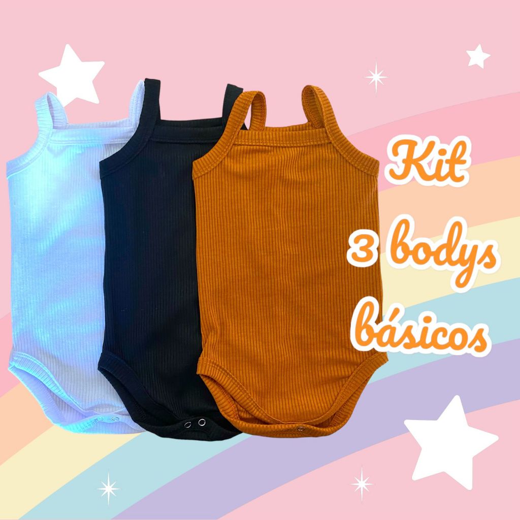 Kit 3 bodys basicos alcinha bebe menina branco preto e caramelo body bebe menina