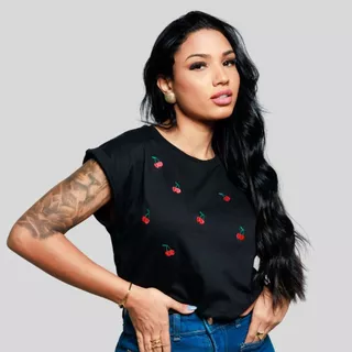 Blusa Feminina Cereja Manga Japonesa 100% Algodão