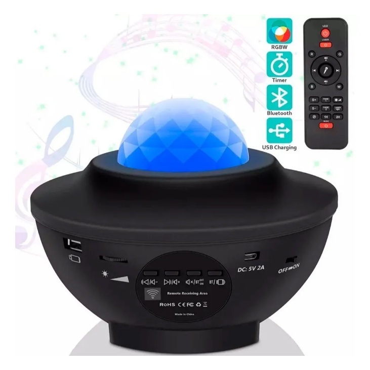 Luminária Abajur Gira Projetor Estrelas Galaxia Musica Bluetooth Usb Luz Led