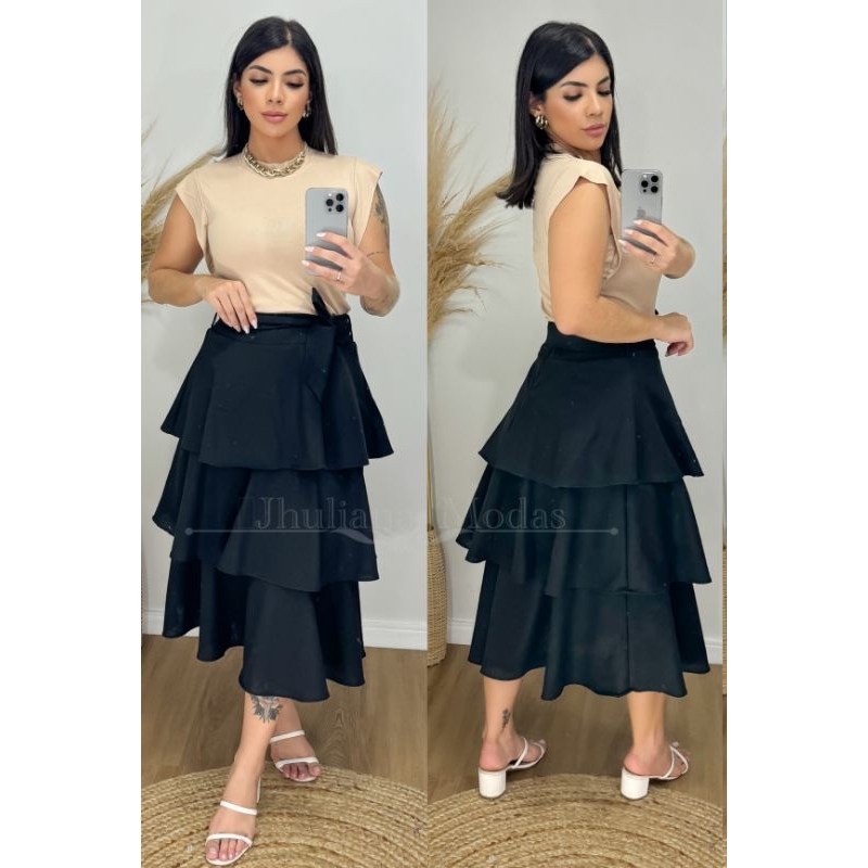 SAIA DE LINHO BABADO MODA EVANGÉLICA ACOMPANHA CINTINHO Shopee