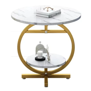 Mesa Lateral Moderna Com 2 Tampos Decorativa Pés Reforçados Redonda Dourado