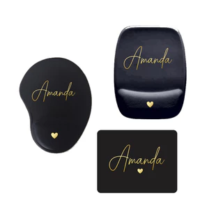 Mouse pad Preto Personalizado com Nome em Dourado ou Rosa Escolha o Modelo Retangular com Apoio Gota com apoio Retangular sem Apoio