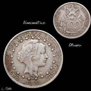 Moeda antiga Brasil 500 réis 1912 estrelas ligadas. Prata 900. L.: E032
