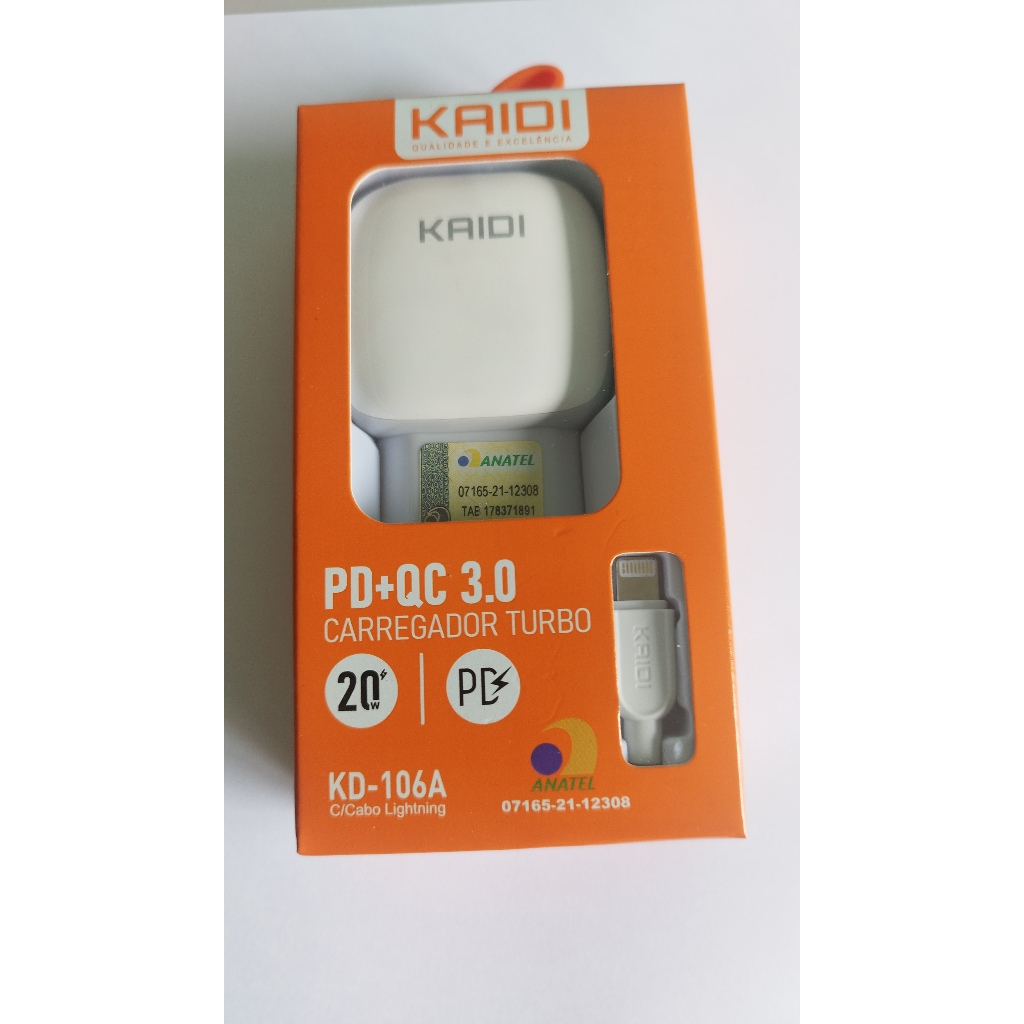 Carregador Iphone Turbo Kaidi Kd-106a PD3.0 20w Bivolt 2.4 A Carga Rápida Saída Turbo