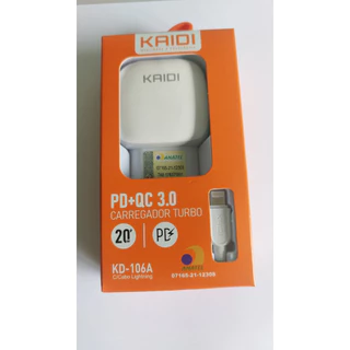 Carregador Iphone Turbo Kaidi Kd-106a PD3.0 20w Bivolt 2.4 A Carga Rápida Saída Turbo