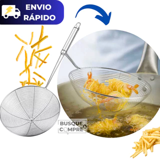 Escumadeira Fritadeira de Inox Redonda para Frituras Peneira Pastel Batata Fritar Utensilio Cozinha