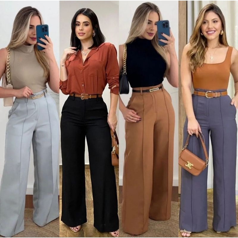 CALÇA PANTALONA COM CINTO TECIDO ALFAIATERIA