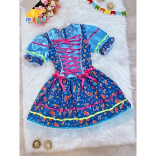 Vestido Adulto Junino Rosa e Azul com Estampa Festas