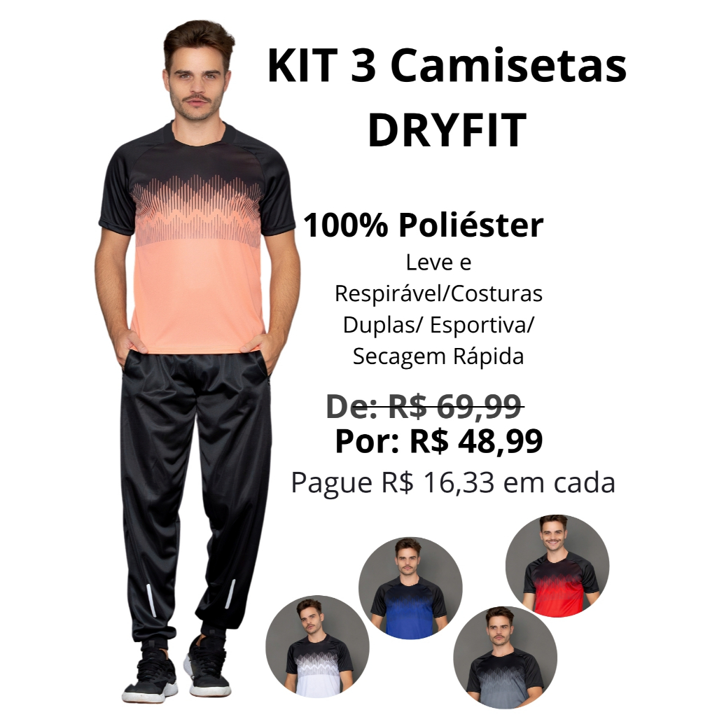 KIT 3 Camisetas Masculinas DRYFIT Sublimada Para Corrida CrossFIT Roupa ...