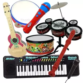 Kit Bateria Tambor Teclado Viola Microfone Infantil 7 Instrumentos Musicais Brinquedo