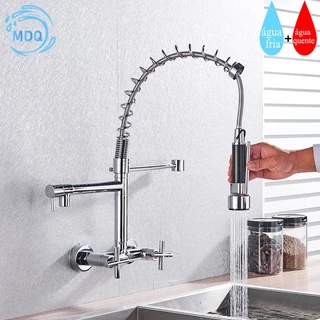 Torneira Cozinha Gourmet Montada Na Parede Latão Flexível Spray Alças Duplas Misturador(Espaçamento dos furos 15cm/20cm)