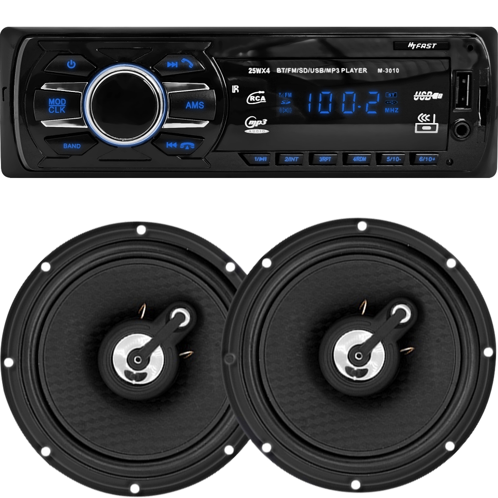 Kit Som Automotivo Bluetooth USB SD Auxiliar + Par de Alto Falantes 50W 6" Polegadas