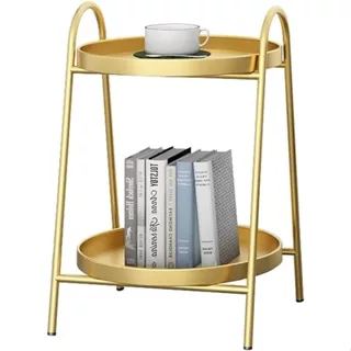 Mesa de Canto Lateral Duas Camadas Metal Dourado Quarto Sala de Estar Varanda Escritório Elegante