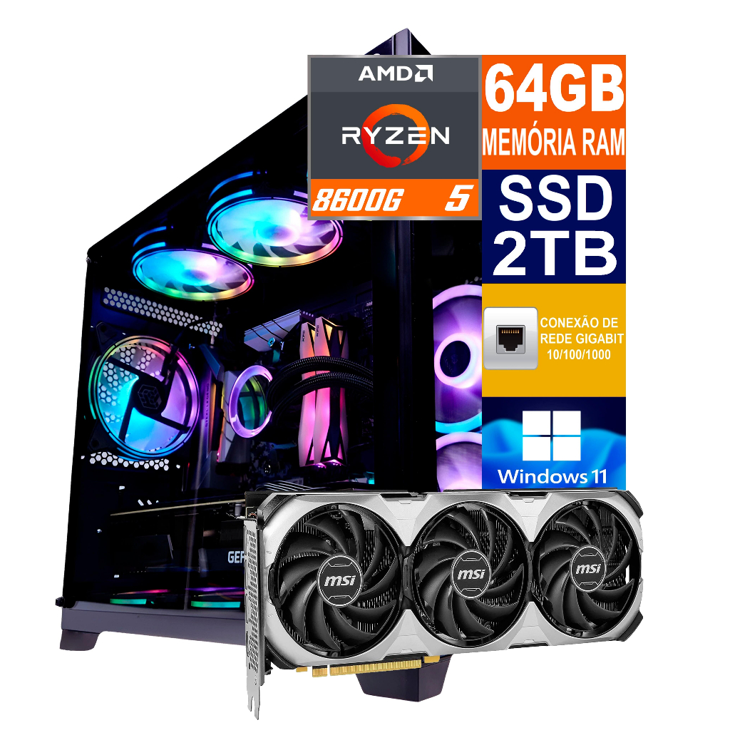 PC Gamer Cpu PC RYZEN 5 8600G / Ssd 2TB / 64GB Memória Ram DDR5 / Placa de Vídeo RTX 4060TI 16GB / Fonte 700W / Windows 11
