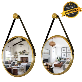Kit 2 Espelhos Redondo Adnet Decorativo Suspenso com Alça 40cm + Suporte Dourado com Alça Preta