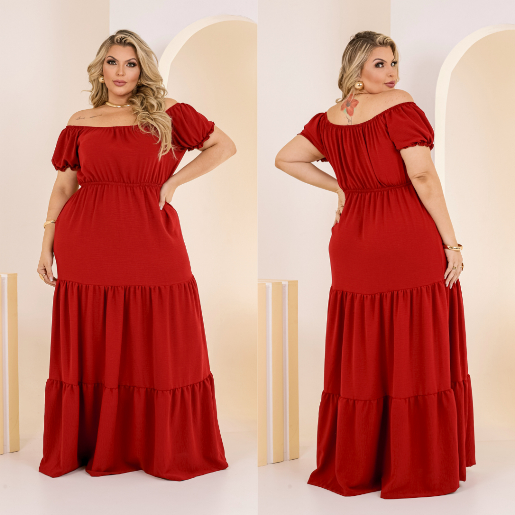 Vestido Plus Longo Decote Ciganinha Com Bababados Três Marias Festa
