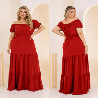 Vestido Plus Longo Decote Ciganinha Com Bababados Três Marias Festa