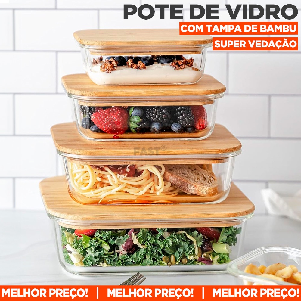 Kit 3 Potes de Vidro Com Tampa de Bambu Porta Mantimentos Organizador de Geladeira Marmita Vai ao Forno Microondas e Freezer