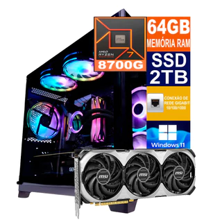 PC Gamer Cpu PC RYZEN 7 8700G / Ssd 2TB / 64GB Memória Ram DDR5 / Placa de Vídeo RTX 4060TI 16GB / Fonte 700W / Windows 11