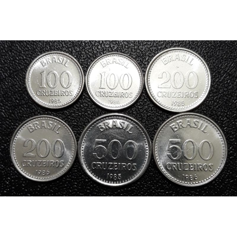 Moedas 100, 200 e 500 cruzeiros 1985 e 1986