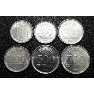Moedas 100, 200 e 500 cruzeiros 1985 e 1986