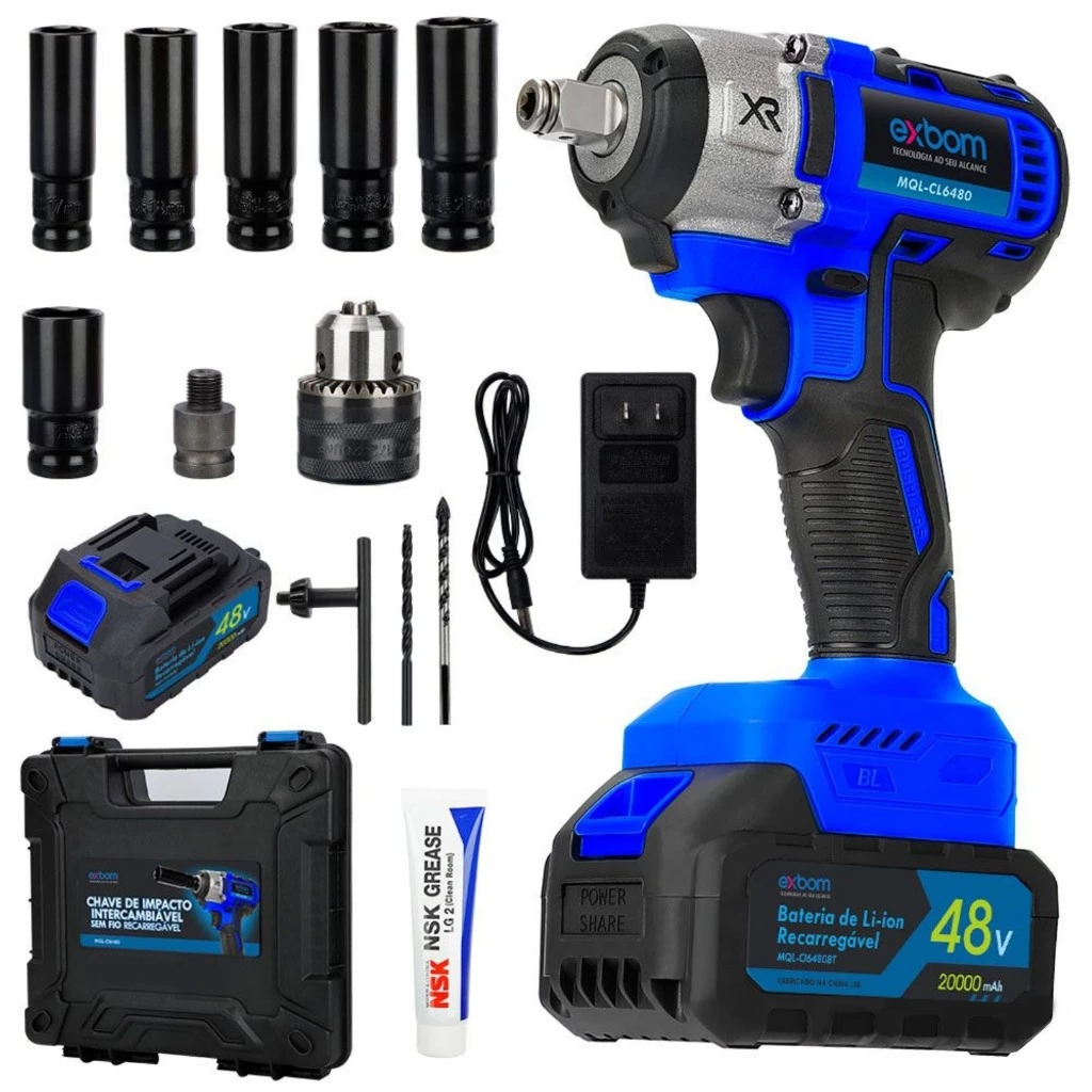 Chave de impacto intercambiável regarregável Sem Fio 3500 RPM 48V MQL-CI6480 EXBOM