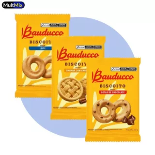 Kit Pacotes Biscoitos Amanteigados Bauducco Banana Com Canela, Gotas de Chocolate, Leite - 335g