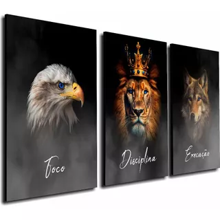 Quadro Decorativo Motivação Foco Execução Disciplina Águia Lobo Leão Rei Sala Quarto Escritório Exclusivo Lançamento Alta Resolução