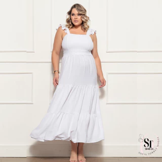 Vestido Longo Feminino Plus Size 3 Maria Luxo com babada na manga e Lastex nas Costas