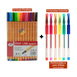 Kit Canetas Fineliner 12 Cores + 6 Canetas Coloridas Gel com Glitter Perfumadas