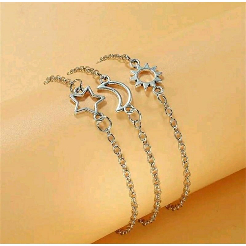 Pulseira Da Amizade Sol Lua e Estrela Prata BFF Kit Com 3 | Shopee Brasil