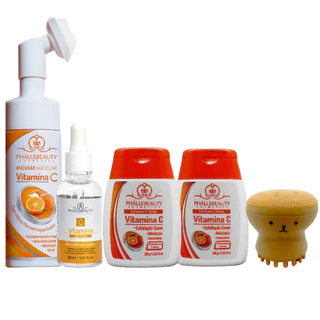 Kit Com Mousse vitamina c + Sérum vitamina c + Sabonete vitamina c + Esfoliante facial vitamina c + Esponja polvo