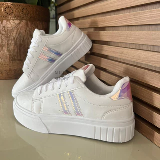 Tenis Branco Casual Couro Detalhe Holografico Feminino