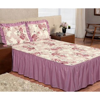 Colcha Casal King Lorena 3 Peças De Sarja estampado Com Babado 2,70m x 3,00m