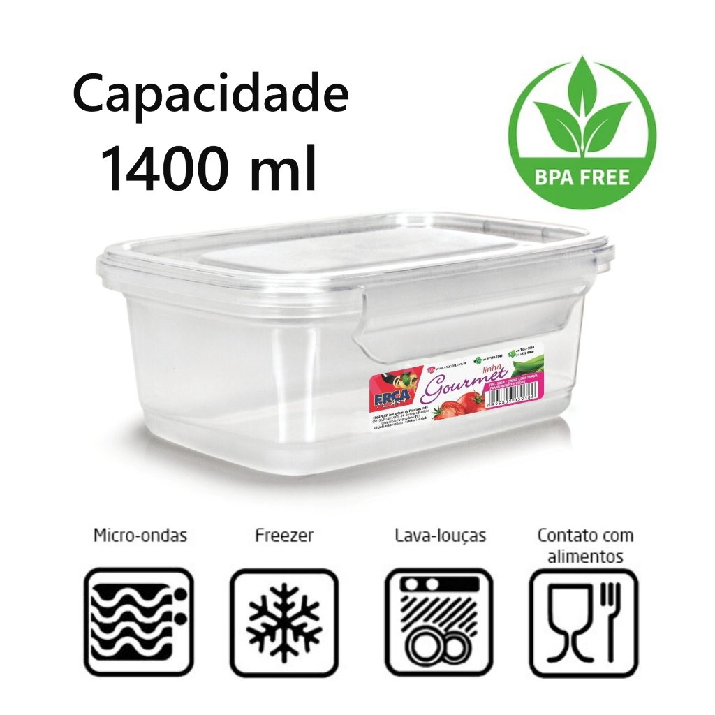 Kit Marmitas Fitness 1400ml Para Freezer E Microondas Potes Plásticos com Trava Grande Cozinha Organizar Alimentos