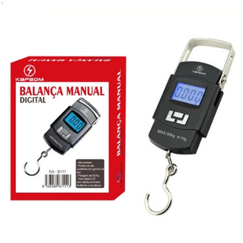 Balança Digital Mão 50kg Gancho Aço Manual Portátil Kapbom KAB111 Tela